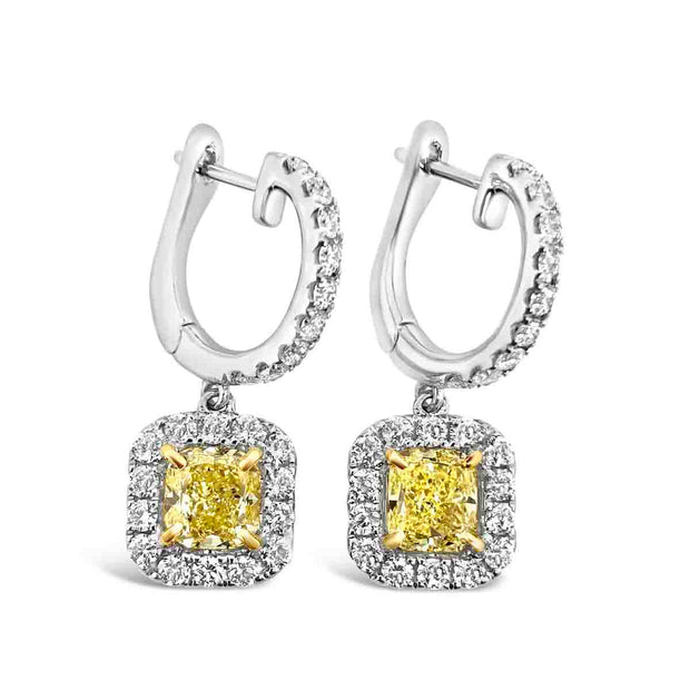 White/Yellow Gold Fancy Yellow Diamond Halo Drop Earrings