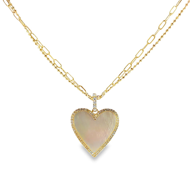 Shy Creation Yellow Gold Mother of Pearl and Diamond Heart Pendant