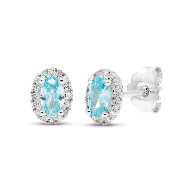 White Gold Blue Topaz and Diamond Halo Stud Earrings