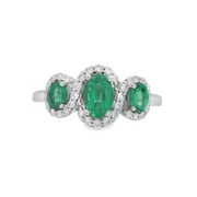 LeVian White Gold Emerald and Diamond Three Stone Halo Ring