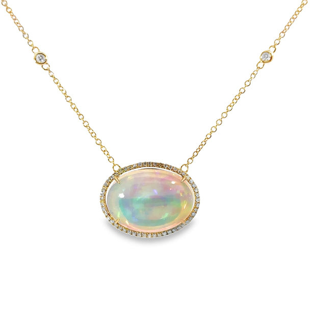 Yellow Gold Opal and Diamond Halo Necklace