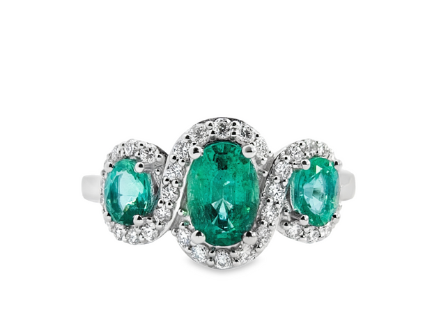 LeVian White Gold Emerald and Diamond Three Stone Halo Ring