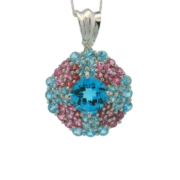 White Gold Blue Topaz and Pink Tourmaline Pendant