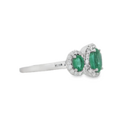 LeVian White Gold Emerald and Diamond Three Stone Halo Ring