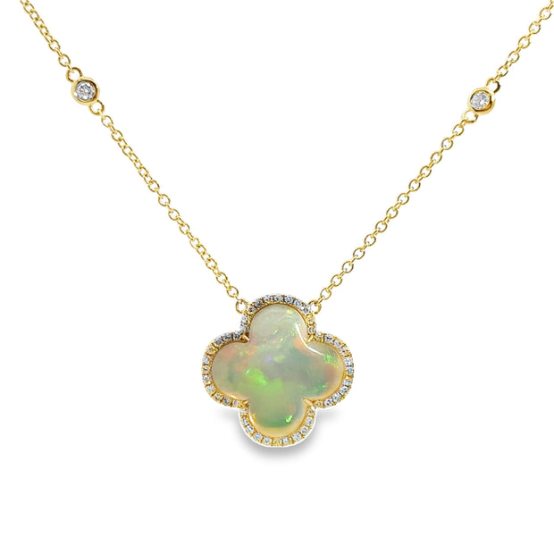 Yellow Gold Clover Shape Opal and Diamond Fashion Necklace