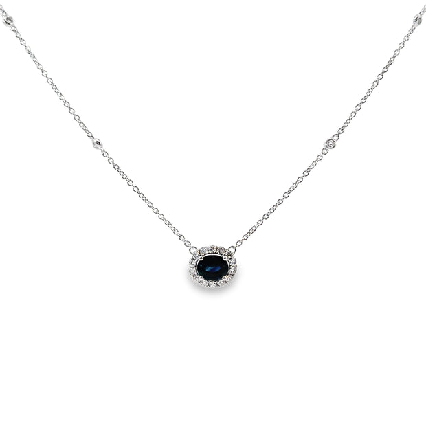 White Gold Sapphire and Diamond Halo Fashion Necklace