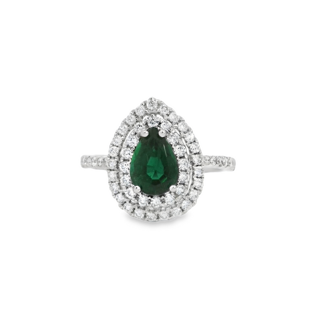 White Gold Emerald and Diamond Double Halo Ring