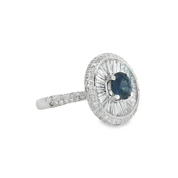 White Gold Sapphire and Diamond Halo Ring