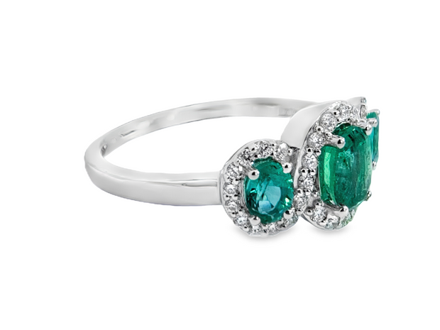 LeVian White Gold Emerald and Diamond Three Stone Halo Ring