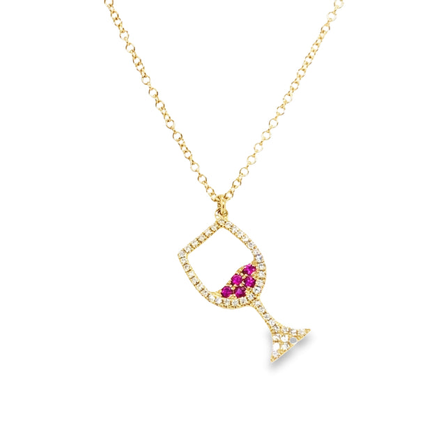 Yellow Gold Ruby and Diamond Wine Glass Pendant