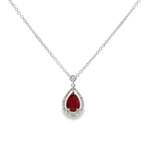 14K White nd Yelow Gold Ruby and Diamond Halo Necklace