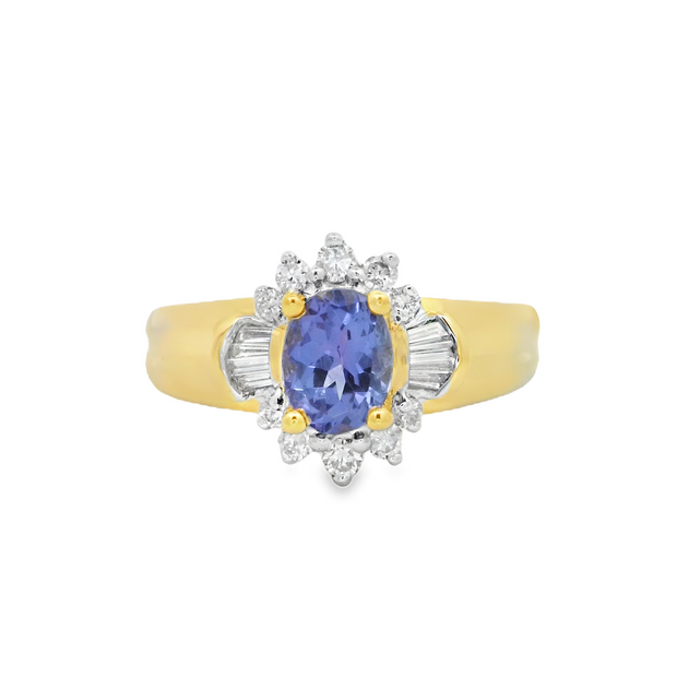 Yellow Gold Tanzanite and Diamond Halo Ring