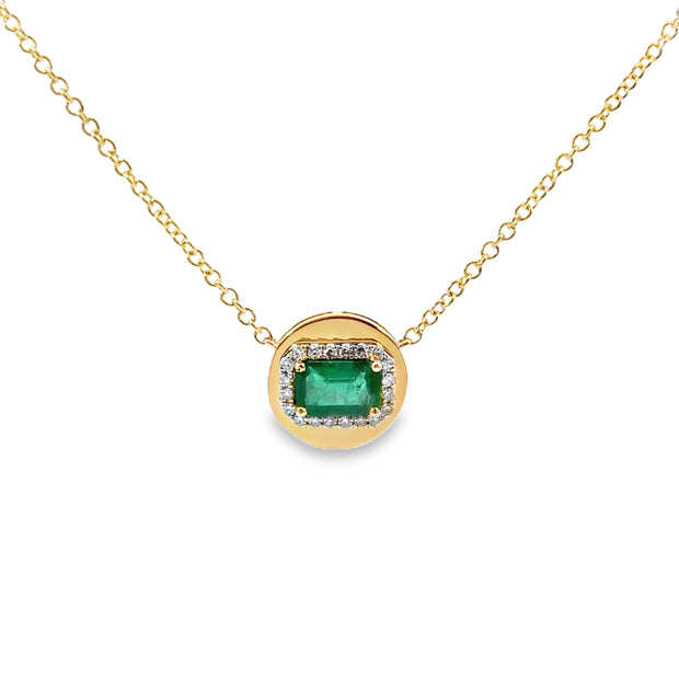 Yellow Gold Emerald and Diamond Halo Fashion Necklace