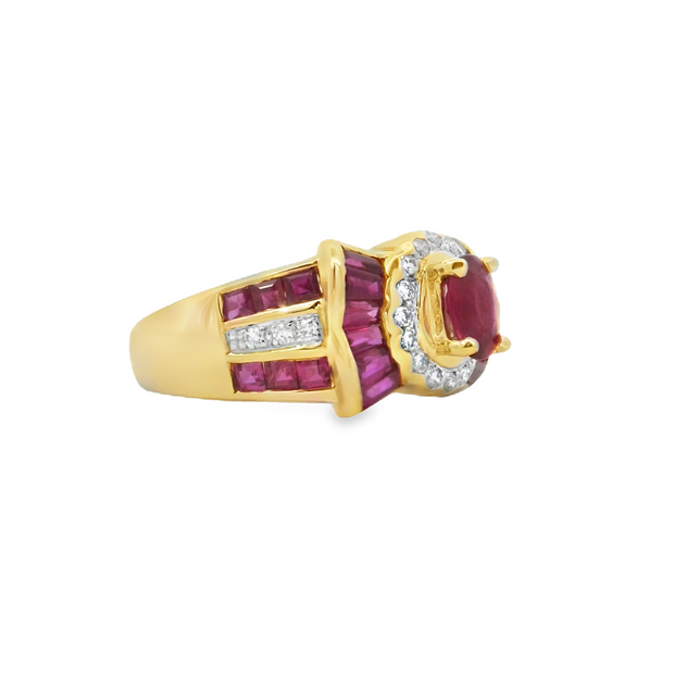 Yellow Gold Ruby and Diamond Halo Ring