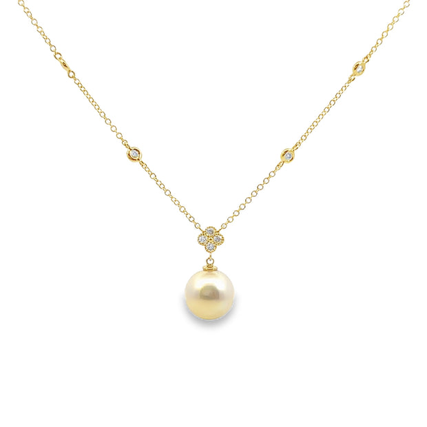 Yellow Gold Pearl Drop and Diamond Necklace