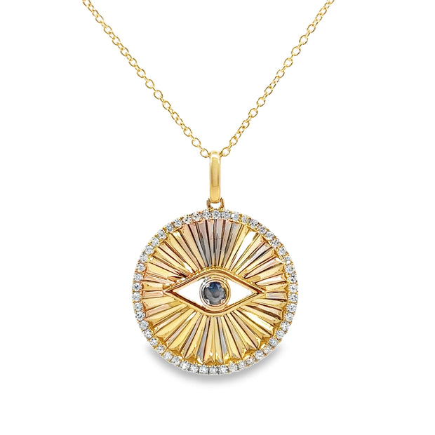 Yellow Gold Sapphire and Diamond Evil Eye Pendant