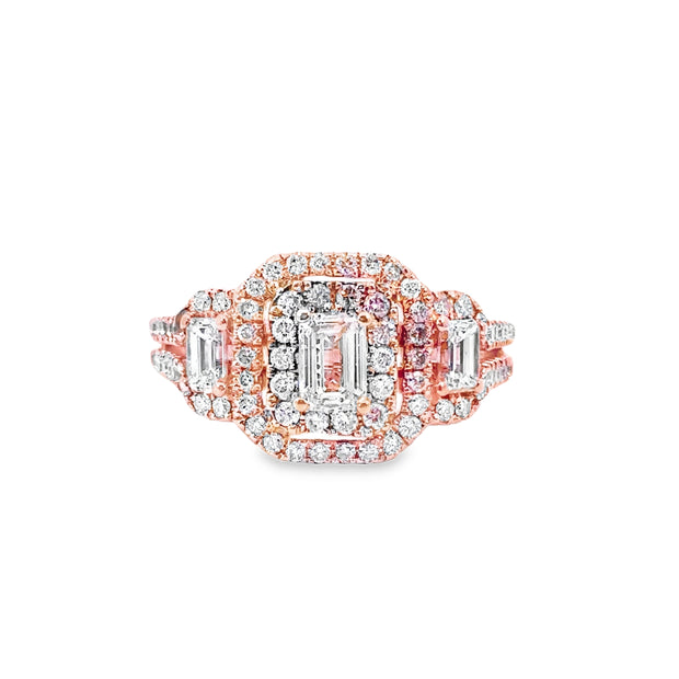 Rose Gold Three Stone Diamond Halo Fashion Ring