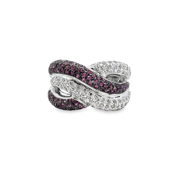 White Gold Pave Diamond and Pink Sapphire Fashion Ring