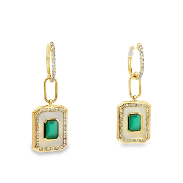 Yellow Gold Emerald, Mother Of Pearl and Diamond Dangle Earrings