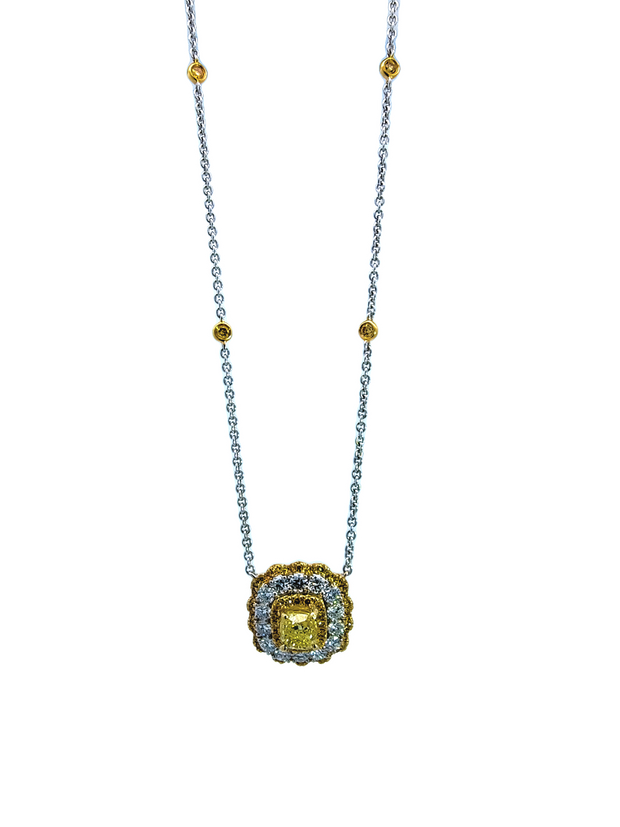 White and Yellow Gold Fancy Yellow Diamond Halo Pendant