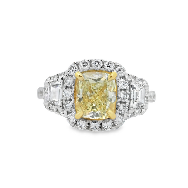 White and Yellow Gold Fancy Yellow Diamond Three-Stone Halo Ring