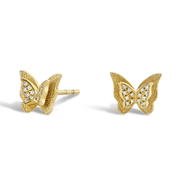 Shy Creation Yellow Gold Pave Diamond Butterfly Stud Earrings