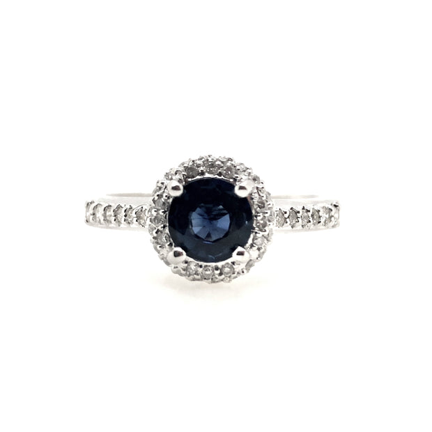 White Gold Sapphire and Diamond Halo Ring