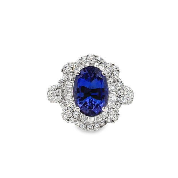 White Gold Tanzanite and Pave Diamond Double Halo Ring