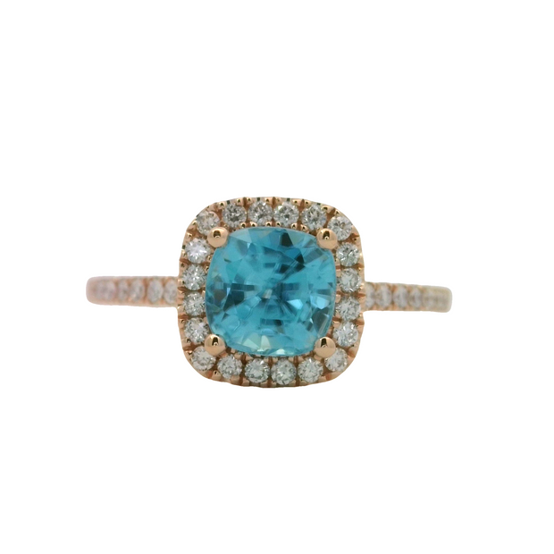 LeVian Rose Gold Blue Topaz and Diamond Halo Ring