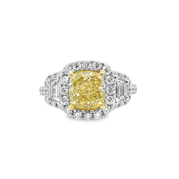White Gold Fancy Yellow Diamond Three Stone Halo Ring