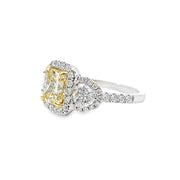 White Gold Fancy Yellow Diamond Three Stone Halo Ring