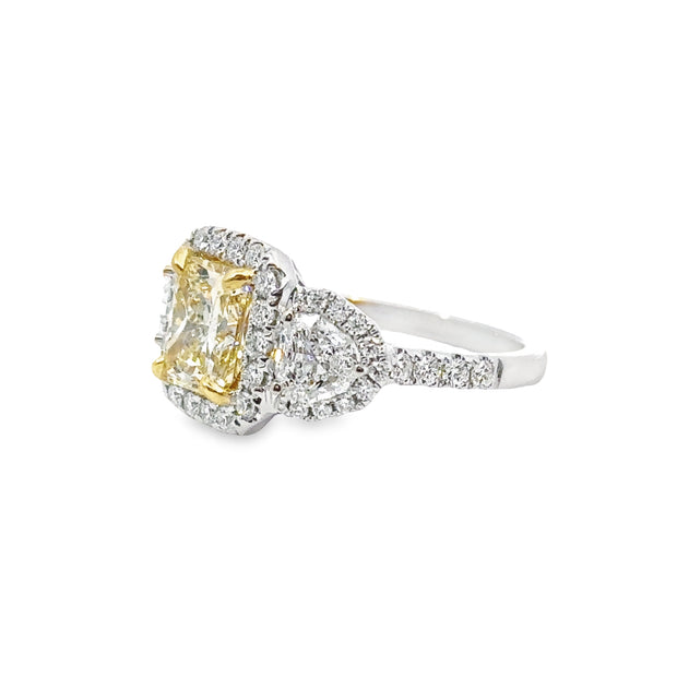 White Gold Fancy Yellow Diamond Three Stone Halo Ring