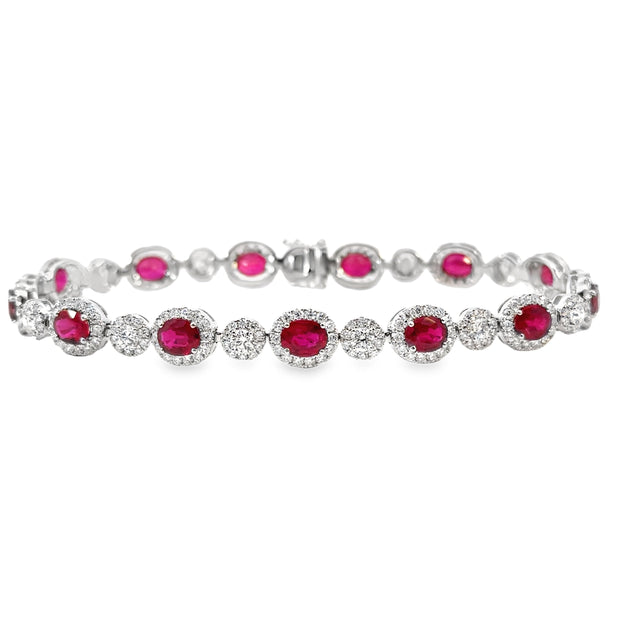 White Gold Ruby and Diamond Halo Bracelet