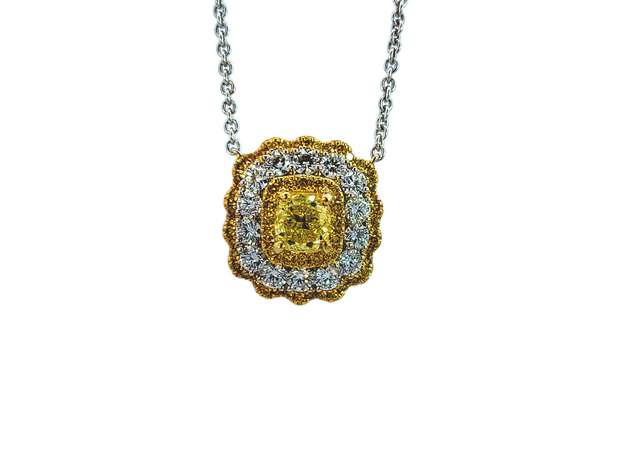 White and Yellow Gold Fancy Yellow Diamond Halo Pendant