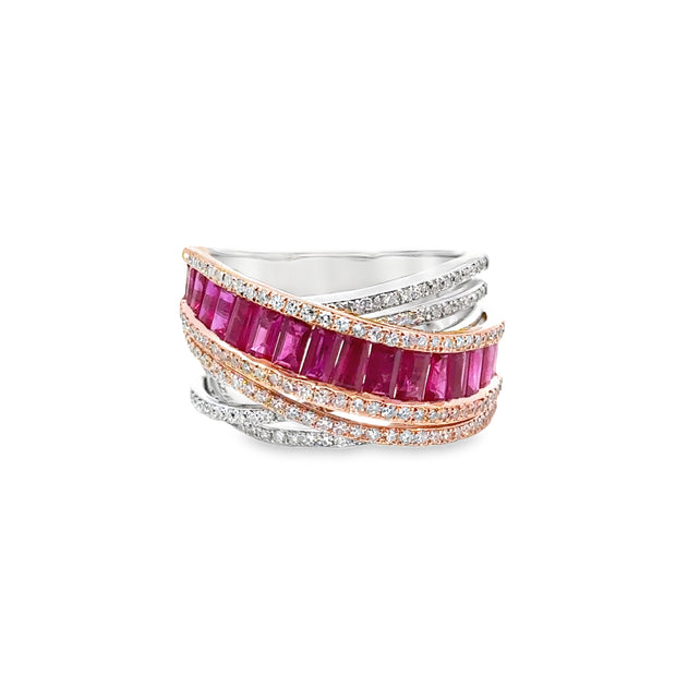 White and Rose Gold Ruby and Diamond Highway Ring