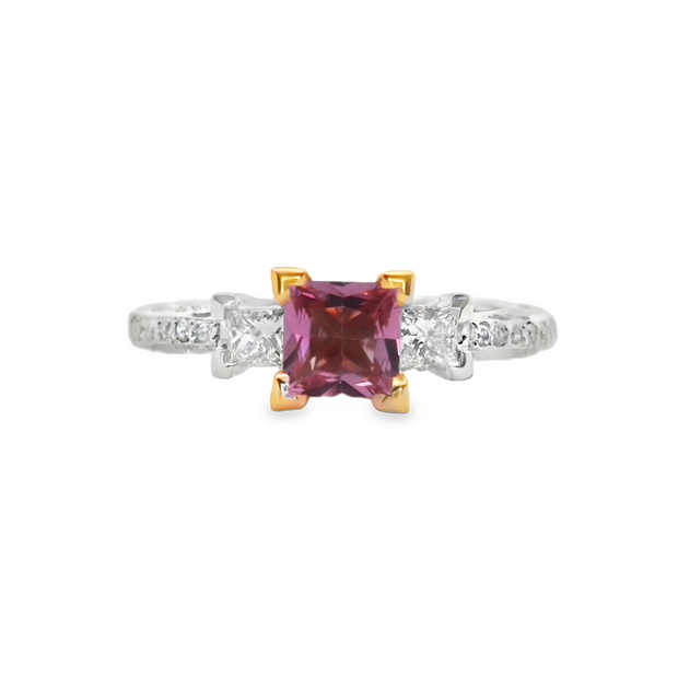 White and Yellow Gold Pink Sapphire and Diamond Three Stone Ring