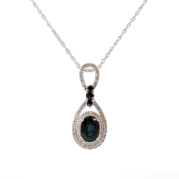 White Gold Sapphire and Diamond Halo Pendant