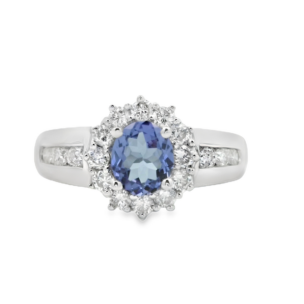 Whtie Gold Tanzanite and Diamond Halo Ring