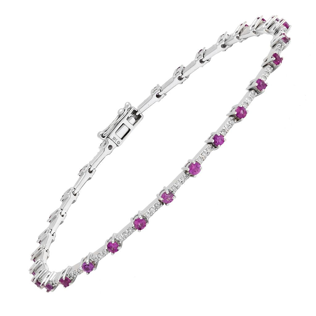 14KT Gold Pink Sapphire Diamond Link on Chain Bracelet