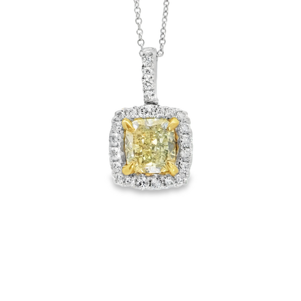 White and Yellow Gold Fancy Yellow Diamond Halo Pendant