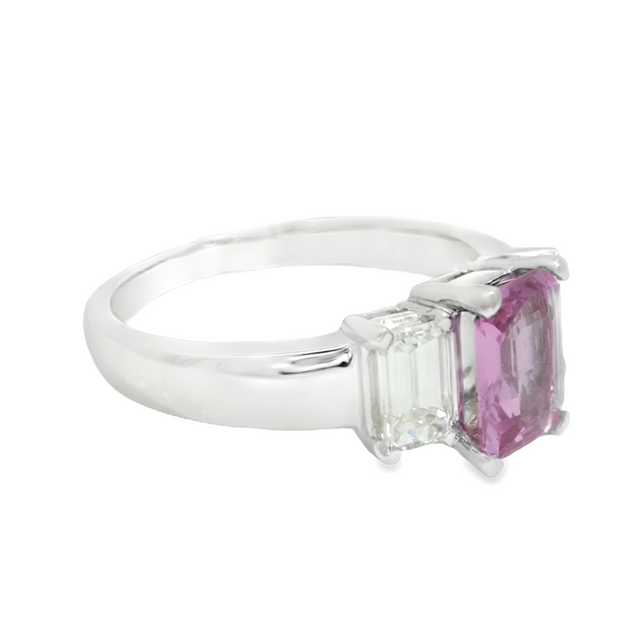 White Gold Pink Sapphire and Diamond Three Stone Ring