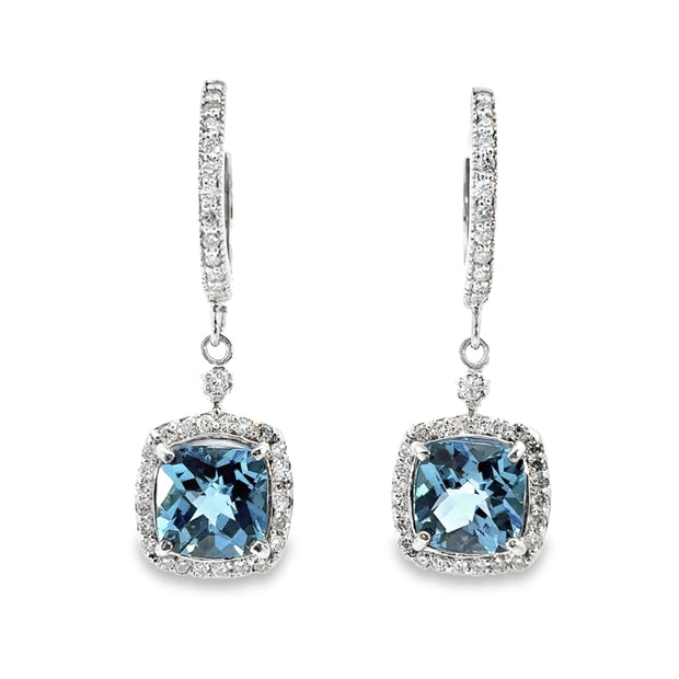 White Gold Blue Topaz and Diamond Halo Dangle Earrings