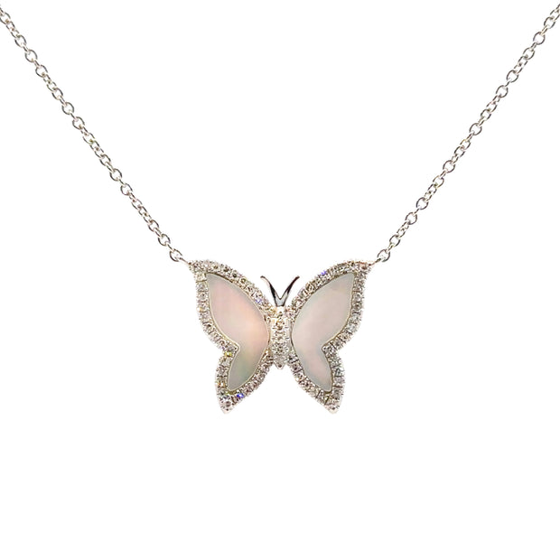 White Gold Mother of Pearl and Diamond Butterfly Necklace