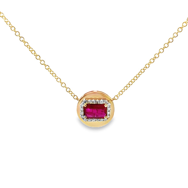 Yellow Gold Ruby and Diamond Halo Necklace