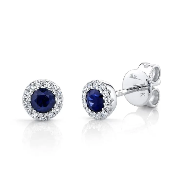 Shy Creation White Gold Sapphire and Diamond Halo Stud Earrings