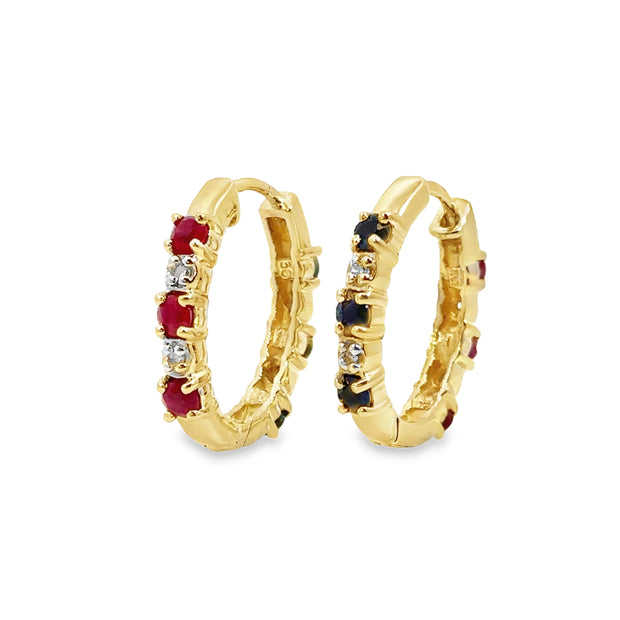 Yellow Gold Ruby/Sapphire and Diamond Reversable Huggie Earrings