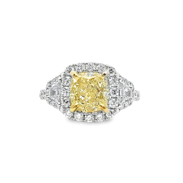 White Gold Fancy Yellow Diamond Three Stone Halo Ring