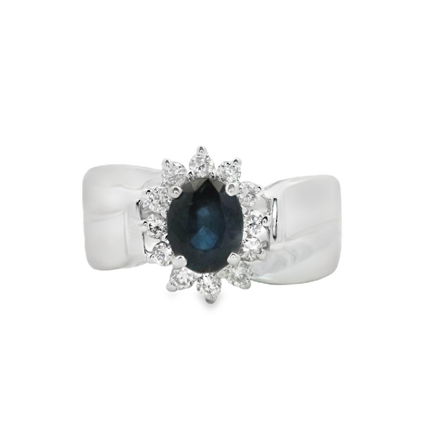 White Gold Sapphire & Diamond Halo Ring