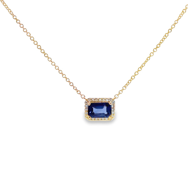 Yellow Gold Sapphire and Diamond Halo Necklace