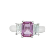 White Gold Pink Sapphire and Diamond Three Stone Ring